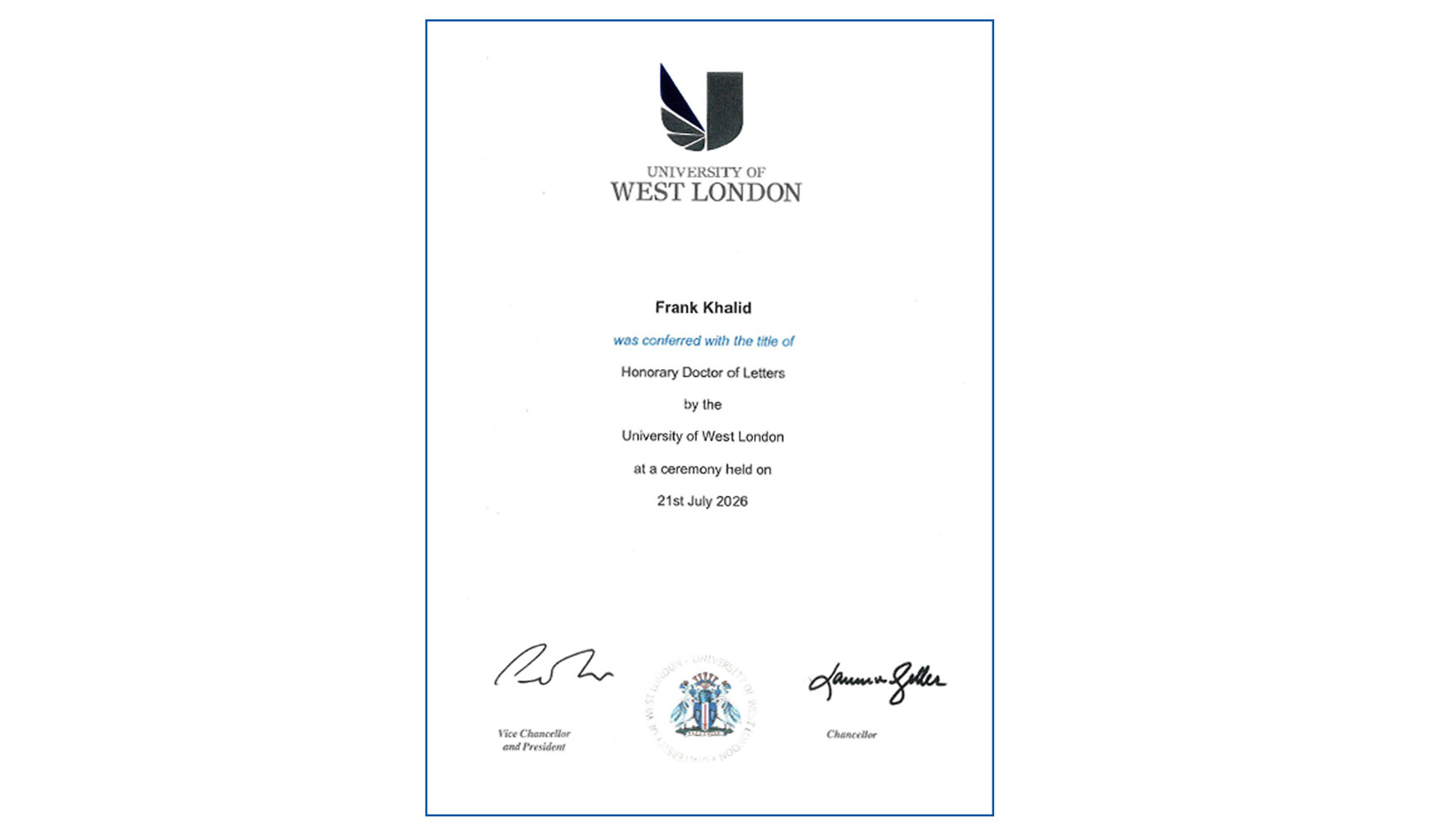 Honorary Doctor of Letters (DLitt) Certificate